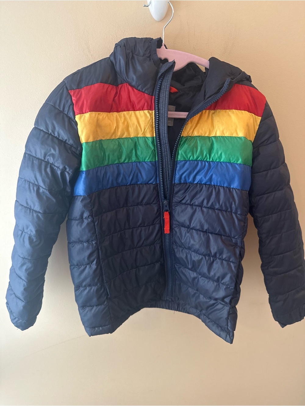 PRIMARY Puffer Jacket zip Coat Rainbow Stripe size 8-9 boys